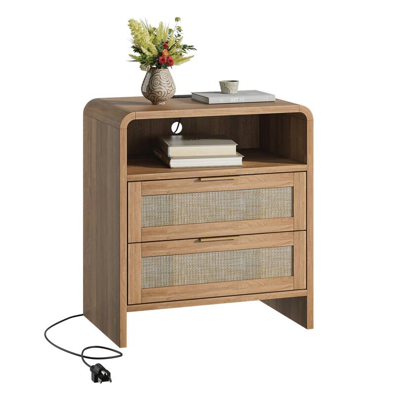 22.8" Rattan Nightstand with Charging Station, 2 Drawers & Open Shelf, Curved Modern Bedside Table