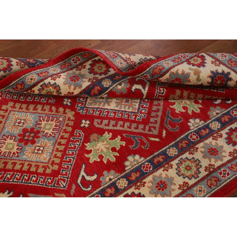 Red Geometric Kazak Foyer Rug Handmade Wool Carpet - 3'4"x 5'0"
