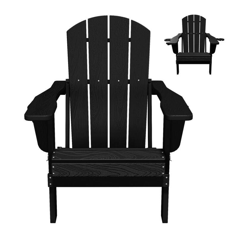 Foldable HDPE Adirondack Chair with Dual Cup Holders - Black