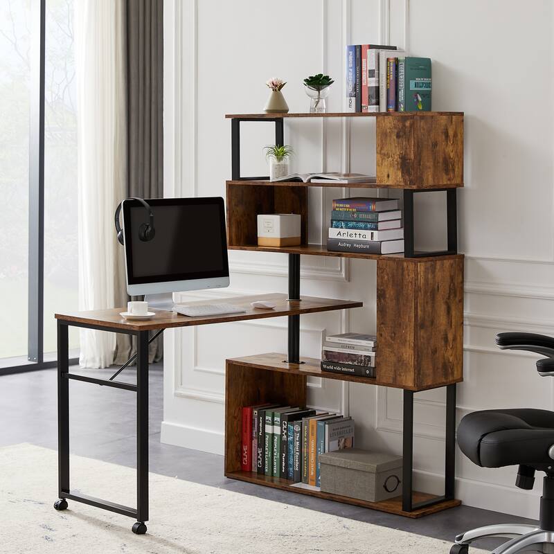 70.8 Inch Round Bookcase Bookshelf,Display Shelf,Two Drawers,Gold Frame