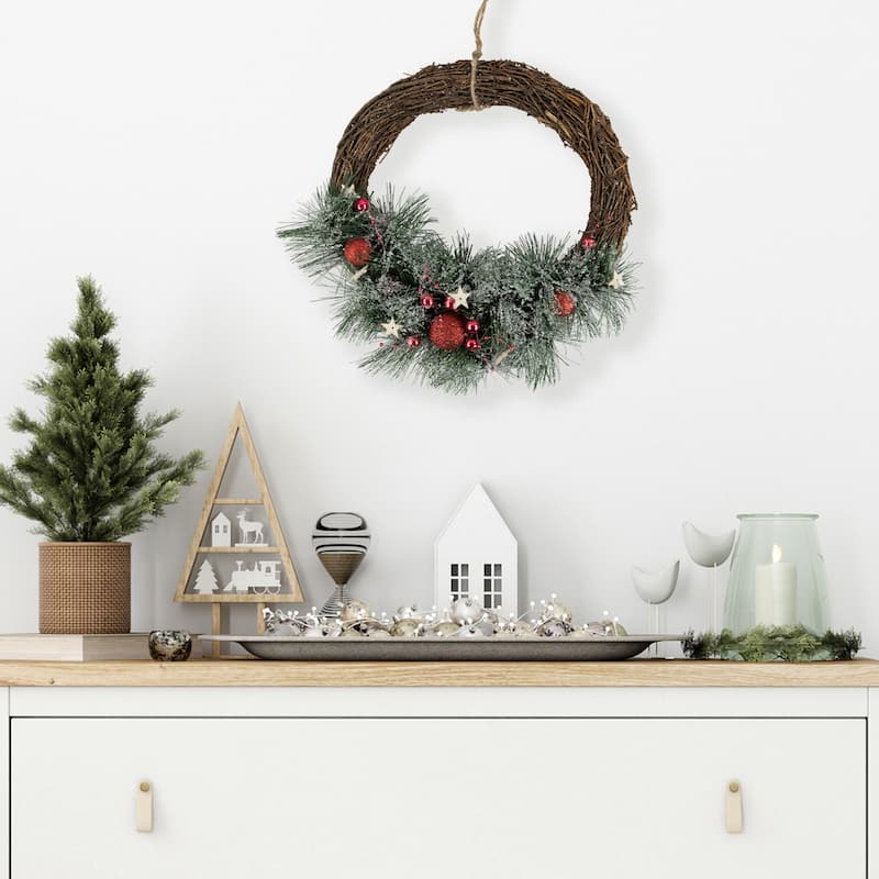 Red Ornaments Pine Needle and Stars Frosted Christmas Wreath 13.75-Inch - 13.75"