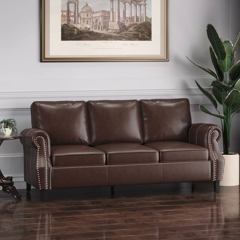 Roomfitters 3 Seater Classic Faux Leather Sofa with Rolled Arms and Nailhead Trim for Living Room or Study - Brown