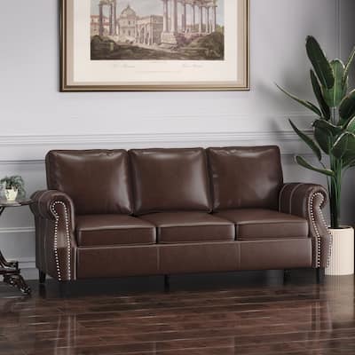 Roomfitters 3 Seater Classic Faux Leather Sofa with Rolled Arms and Nailhead Trim for Living Room or Study