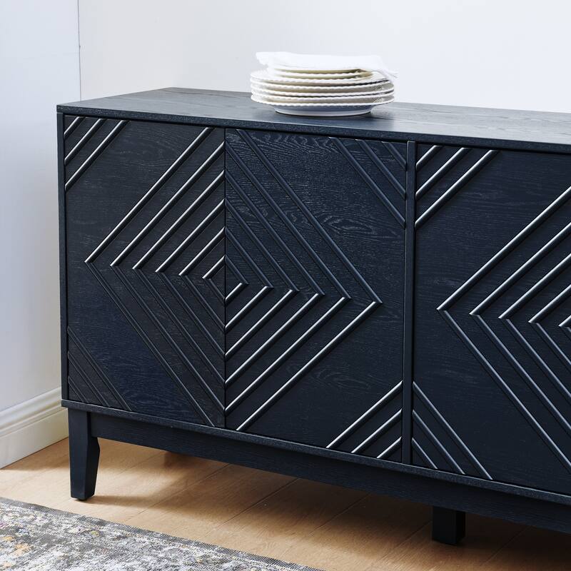 Fluted Buffet Table with 4 Doors, Sideboard Cabinet with Adjustable Shelves, Coffee Bar Cabinet with Solid Wood Legs