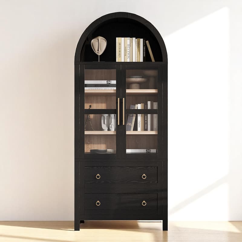Farmhouse 71" Tall Arched Pantry Cabinet with 2 Drawers, Glass Door, Adjustable Shelves for Kitchen or Dining