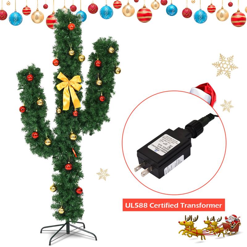 Gymax 5ft Artificial Pre-Lit Cactus Christmas Tree w/ Metal Stand Ball - See Details