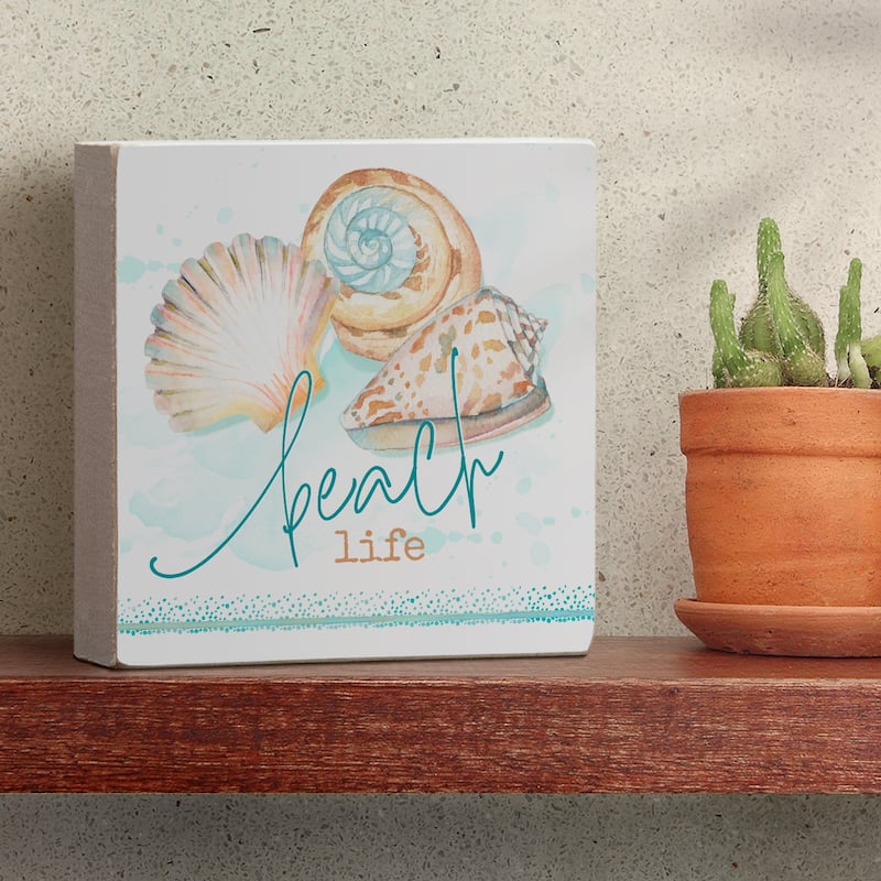 Wood Block Décor Message Beach Life Sign, 3.75 inches Square, Made in The USA - Multi-1