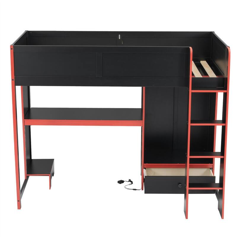 Solid Wood Gaming Loft Bed with Bulit-in Desk and Wardrobe, Twin/Full Size Loft Bedframe with LED Light and 1 Storage Drawer