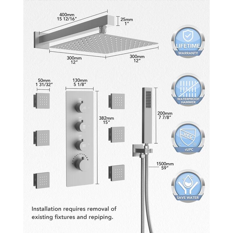 Thermostatic Shower System 12" Rain Shower Head with High Pressure Handheld Spray