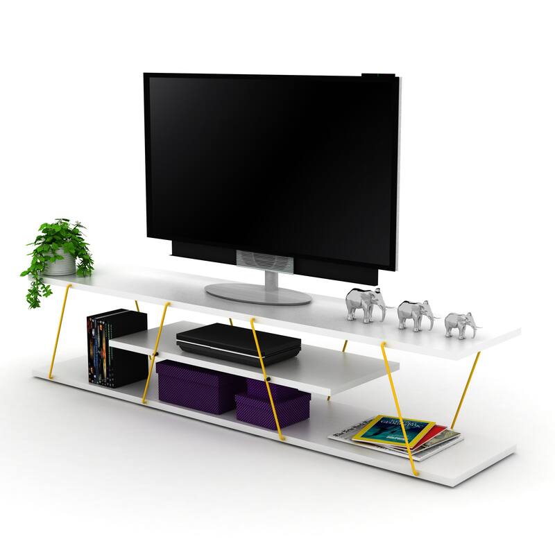 FurnisHome Store Tars Mid Century Modern Tv Stand 4 Shelves Open Storage Metal Cords