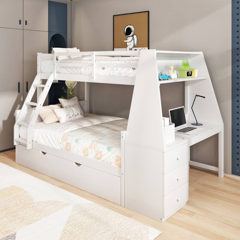 Twin over Full Bunk Bed with Trundle and Built-in Desk