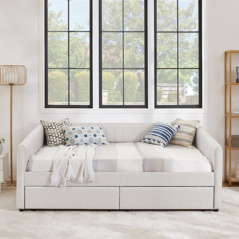 Vertical Stripes Linen Fabric Upholstered Sofa Bed with Two Drawers