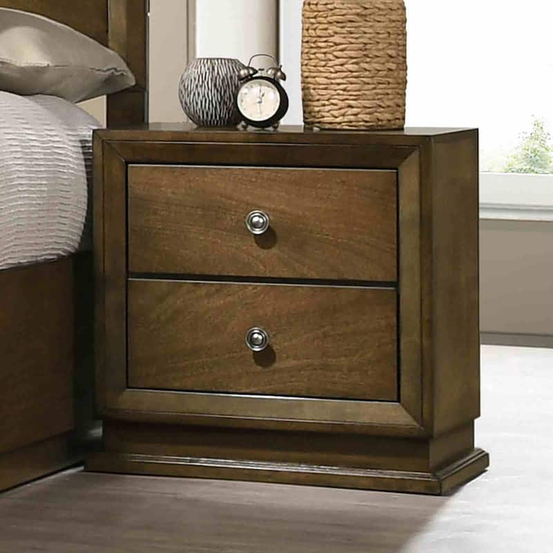 Walnut Finish Transitional Bedroom Furniture Set Bed Nightstand Dresser Mirror Chest