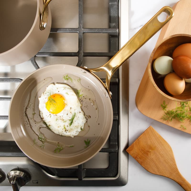 Bloomhouse Pots and Pans Heavy Duty Aluminum Premium PFA Free Ceramic Nonstick - Cappucino Cream with Gold Handle