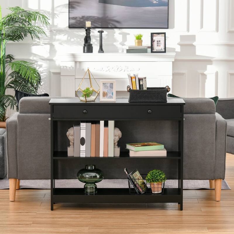 Console Table with Drawer and Two Open Shelves MDF Hallway Living Room Entryway Storage Furniture - 39.25"W x 11.75"D x 31.5"H