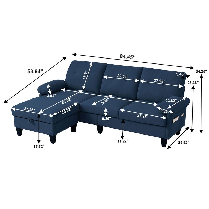 84.45" Wide Sectional Sofa with Ottoman & Side Storage Bags