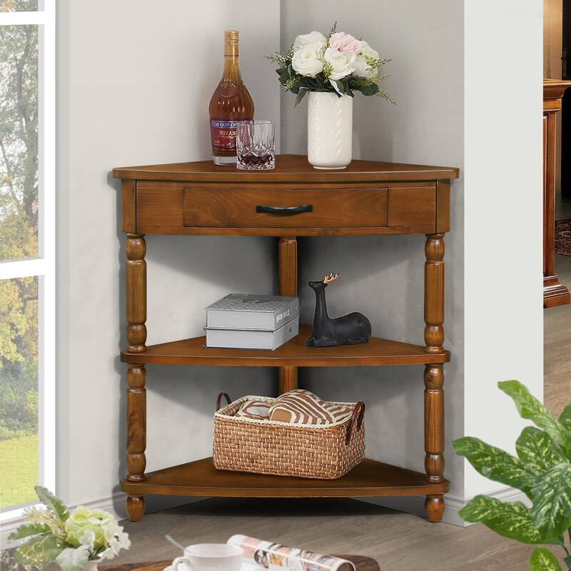 Brown MDF and Rubberwood Corner Table with Shelf and Drawer Storage - 33.86” L x 20” W x 34.6” H