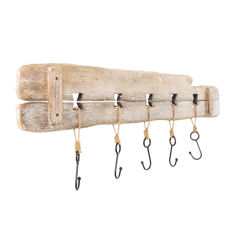 Wood Handmade Whitewashed Live Edge Wall Hook with 5 Hanger Fish Hooks - Brown - Roche River Decor - 1"W x 39"L x 13"H