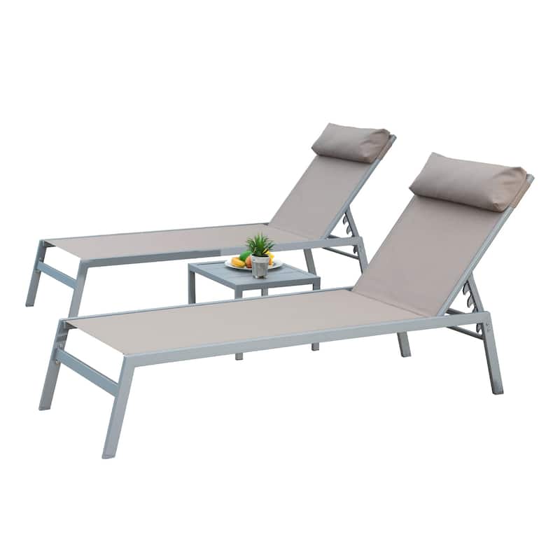5 Adjustable Aluminum Outdoor 2 Chaise Lounge Chair with Pillow and 1 Table in Blue