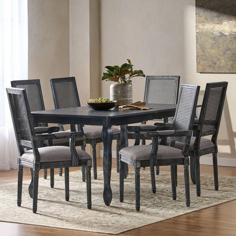 Marlette Wood and Cane Upholstered Expandable 7 Piece Dining Set by Christopher Knight Home - Gray