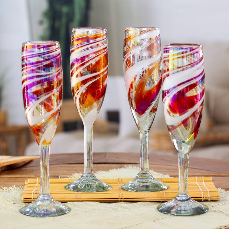 Novica Handmade Glamour Enchantment Handblown Recycled Champagne Flutes (Set Of 4)