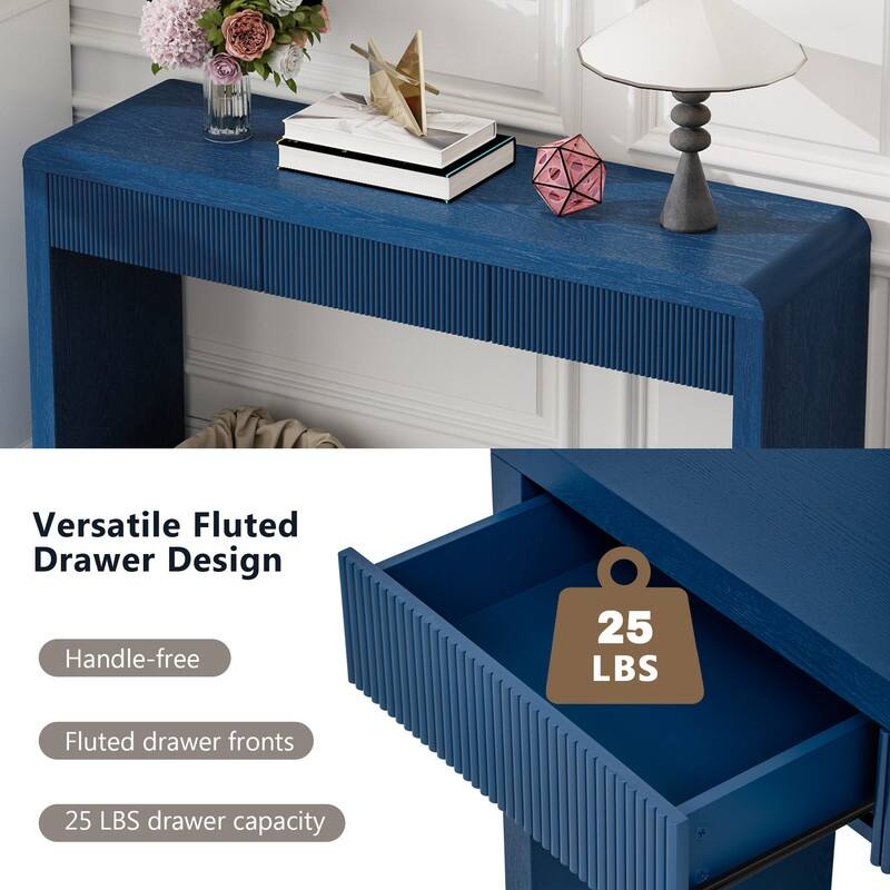 Rustic Console Table with 3 Fluted Drawers - Solid Wood Veneer Entryway Table Featuring Natural Wood Grain for Living Room