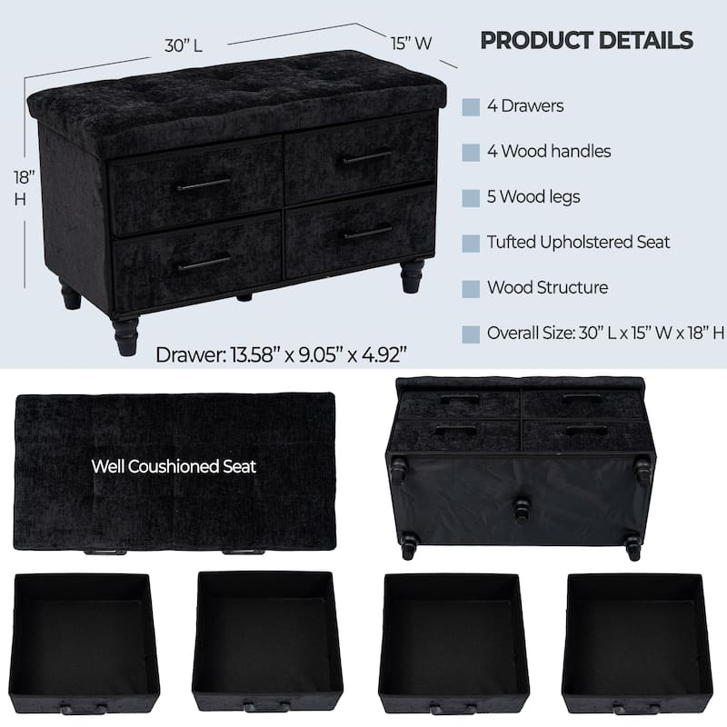 30 Inch Storage Ottoman With Four Drawers For Organized Home Use Storage