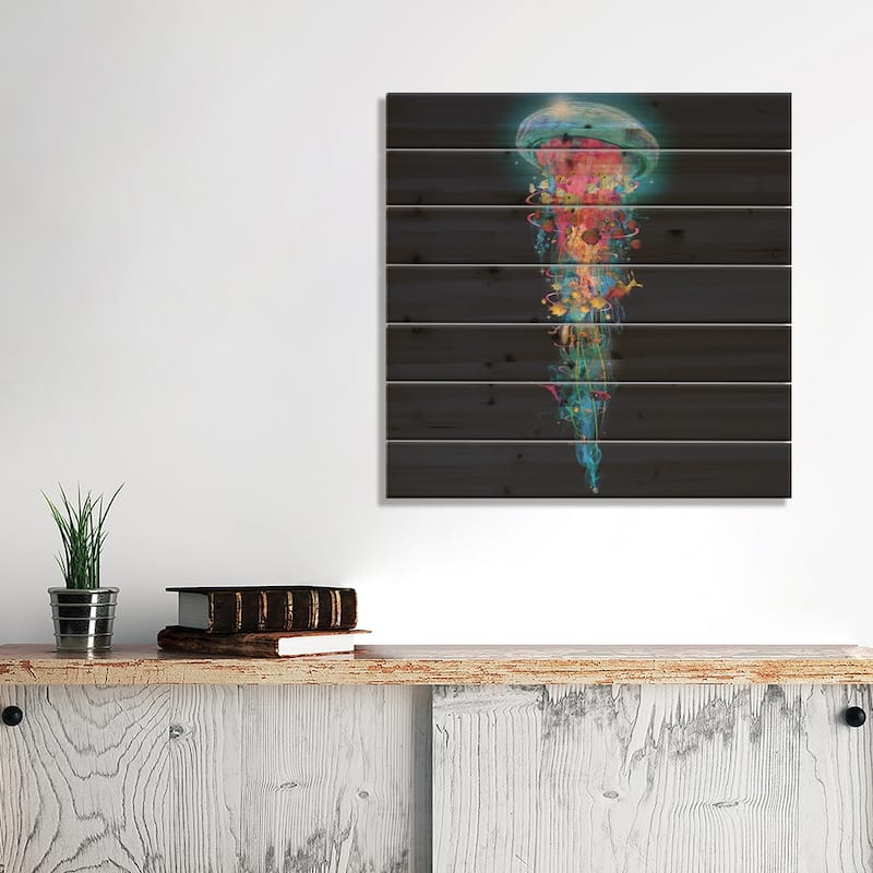 Super Electric Jellyfish World Wide Print On Wood by David Loblaw - Multi-Color