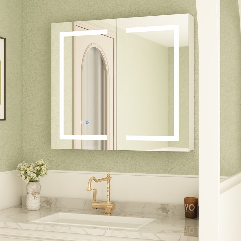 Bathroom Medicine Cabinet LED Mirror Anti-Fog 6000K Wall Cabinet White - 35.4"X31.3"