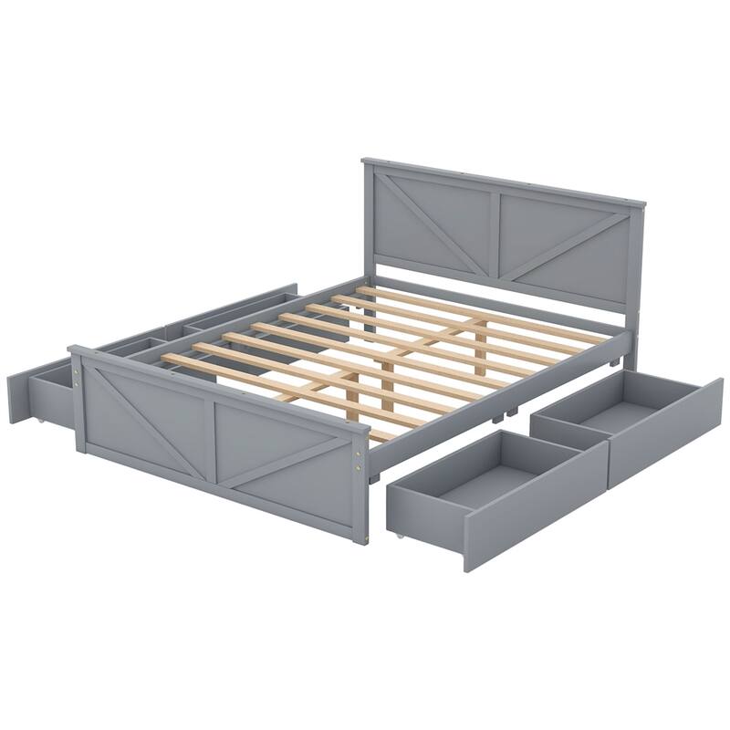 Queen Size Wooden Platform Bed with 4 Storage Drawers and Support Legs