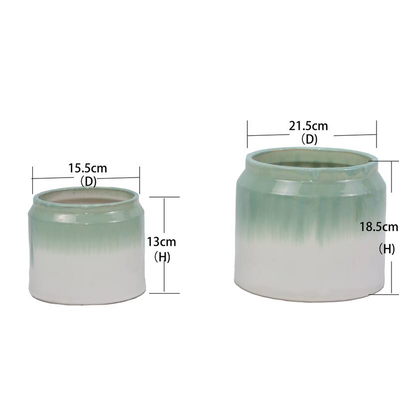 Sage & White Ceramic Planter Set of 2 - 8.5" Square Modern Plant Pots with Drainage Holes