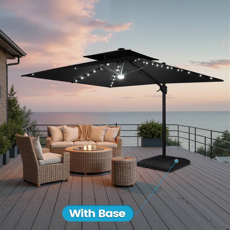 9 x 11 FT Outdoor Dual Top Solar Powered LED Aluminum Patio Cantilever Umbrella and Weighted Base