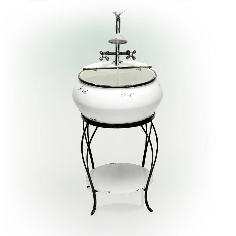 Alpine Corporation 32 Indoor Outdoor Antique Metal Sink Water Fountain with Stand Charming Waterfall Feature for Garden, White
