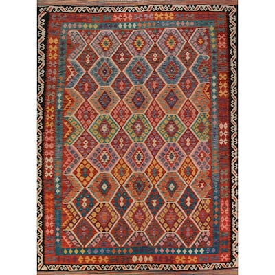 Geometric Kilim Oriental Area Rug Hand-Woven Bedroom Wool Carpet - 8'6"x 11'1"