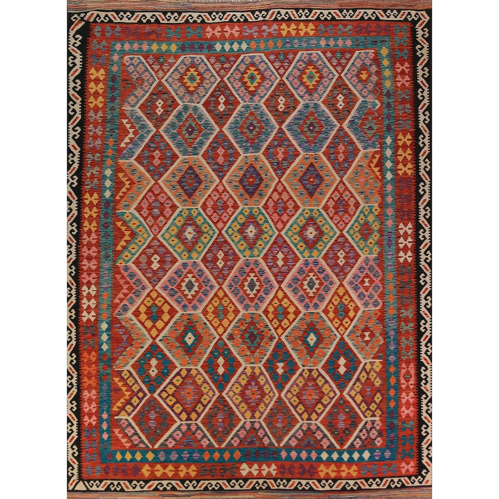 Geometric Kilim Oriental Area Rug Hand-Woven Bedroom Wool Carpet - 8'6"x 11'1"