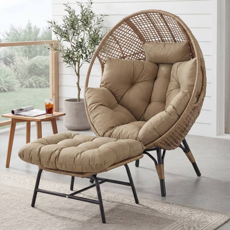 Outdoor Wicker Egg Chair with Ottoman, 6.5" Cushions, 440 lb Capacity - 1 PC-Brown