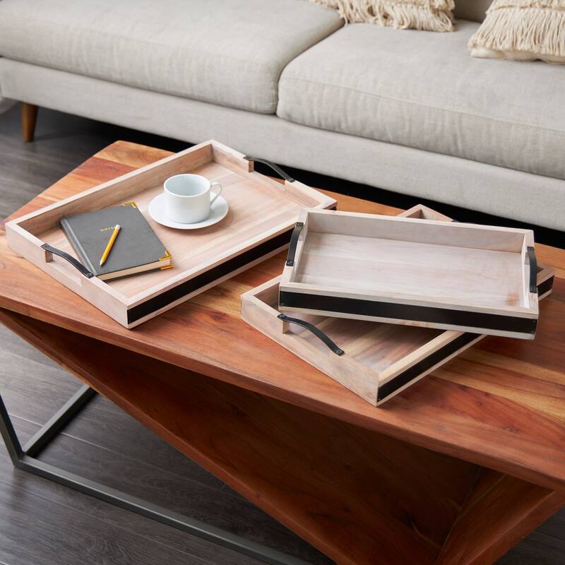 Mango Wood Tray with Sleek Black Metal Handles (Set of 3) - Brown or Cream