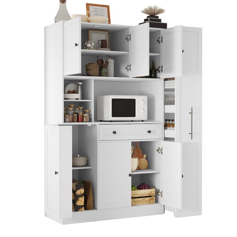 Roomfitters Traditional Buffet with Hutch, 52.8" Freestanding Kitchen Pantry Cabinet with Pull-Out Side Cabinet and Storage