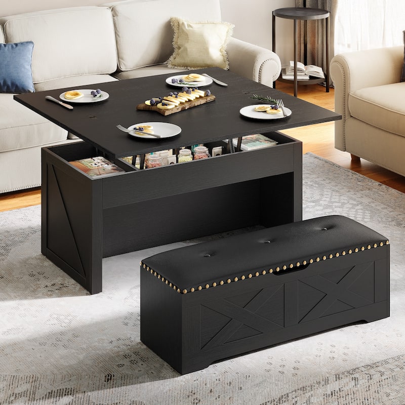 Moasis Farmhouse Lift-Top Coffee Table Dinning Center Table with Storage Ottoman Bench Set - Black