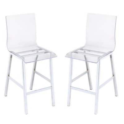 Metal Counter Height Chair with Acrylic Seat and Back, Set of 2,Clear and Silver