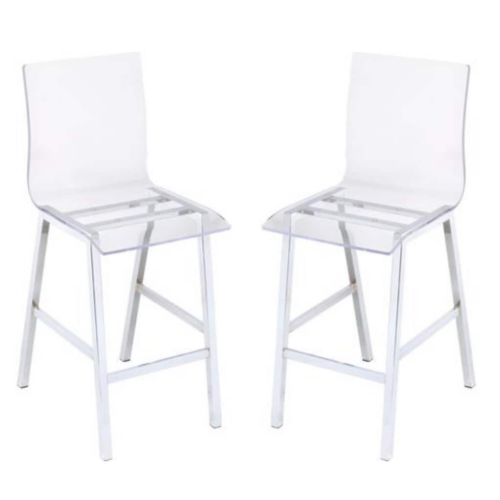 Metal Counter Height Chair with Acrylic Seat and Back, Set of 2,Clear and Silver