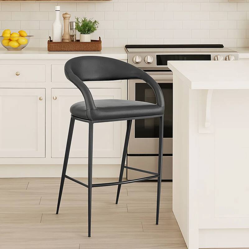 Monie Barstool Chair, Curved Floating Back, Black Faux Leather