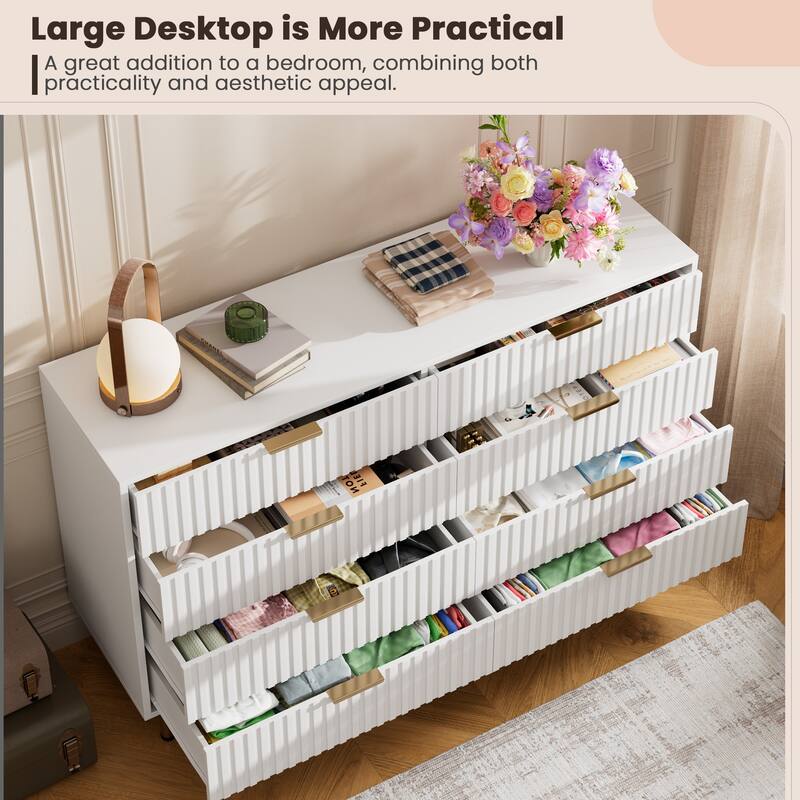 Fluted 8 Drawer Storage Dresser, Tall Modern Chest with Ample Deep Drawers and Wide Top