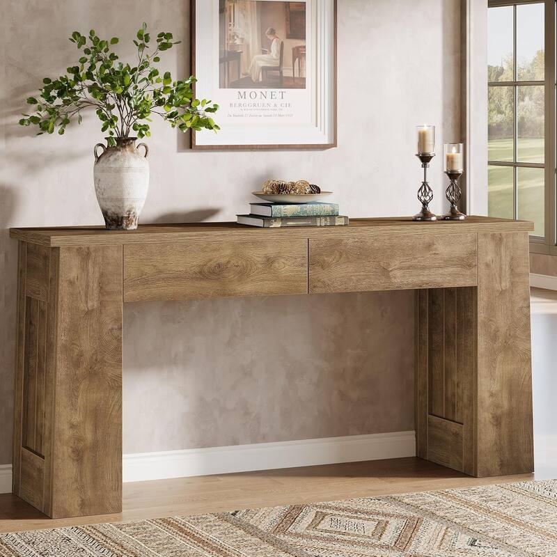 63" Console Table with 2 Drawers, Modern Entryway Sofa Table Behind Couch - 63" W x 11.8" D x 31.5" H - Light Brown