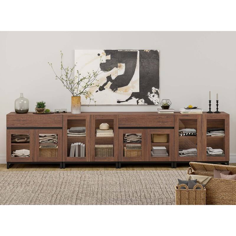 4 in 1 Multifunctional Dresser with Glass Doors & 2 Drawers, Adjustable Shelf & Metal Base Storage Cabinet