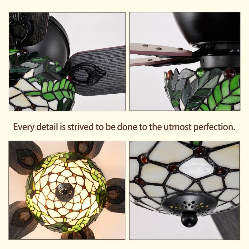 Kyemon 52-Inch Flushmount Lighted Ceiling Fan White Green Fronds Tiffany Glass Lamp Black Finish