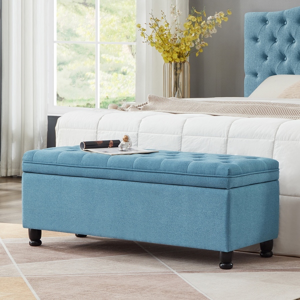 45 Linen Upholstered Tufted Storage Bench Light Blue with Wooden Spindle Legs and Storage Bed Bath Beyond 42402950