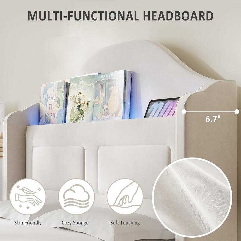 Twin Size Upholstered Velvet Platform Bed Frame for Kids with LED Lights Bookcase Headboard