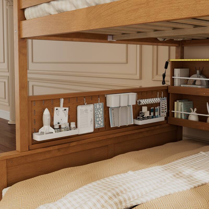 Kids Bunk Bed Frame with Integrated Shelving, Light Strip and Pegboard, Convertible into Floor Platform Bed and Low Loft Bed