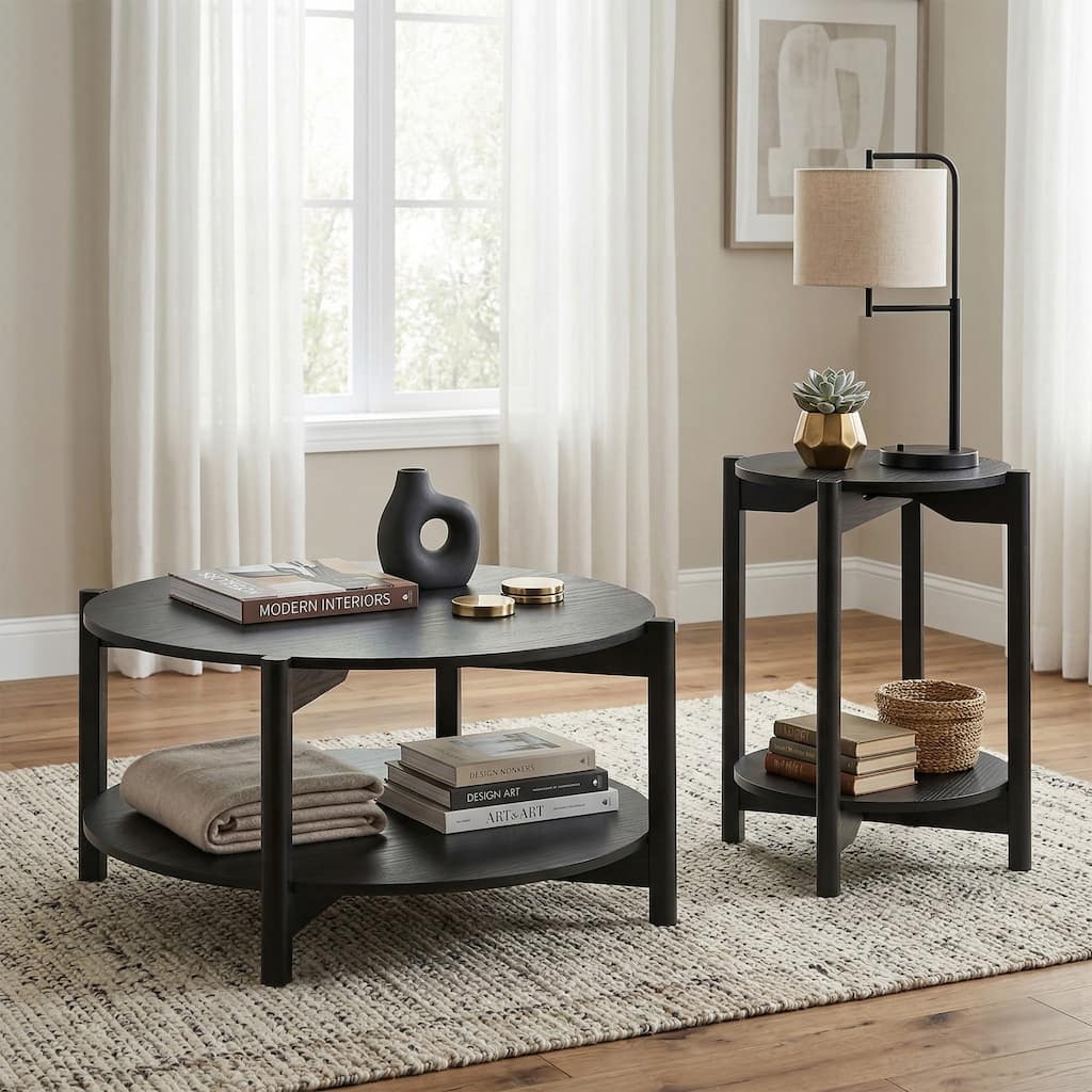 Furniture of America Rovion 2-Piece Round Wood Coffee Table Set with Open Bottom Shelf